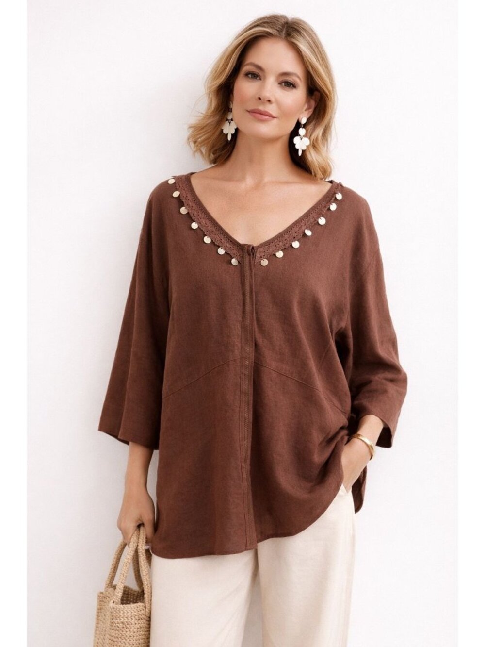 Brown Napa Valley Linen Bld Woman Plus Size 22W Tunic Top Crochet Trim Sequin